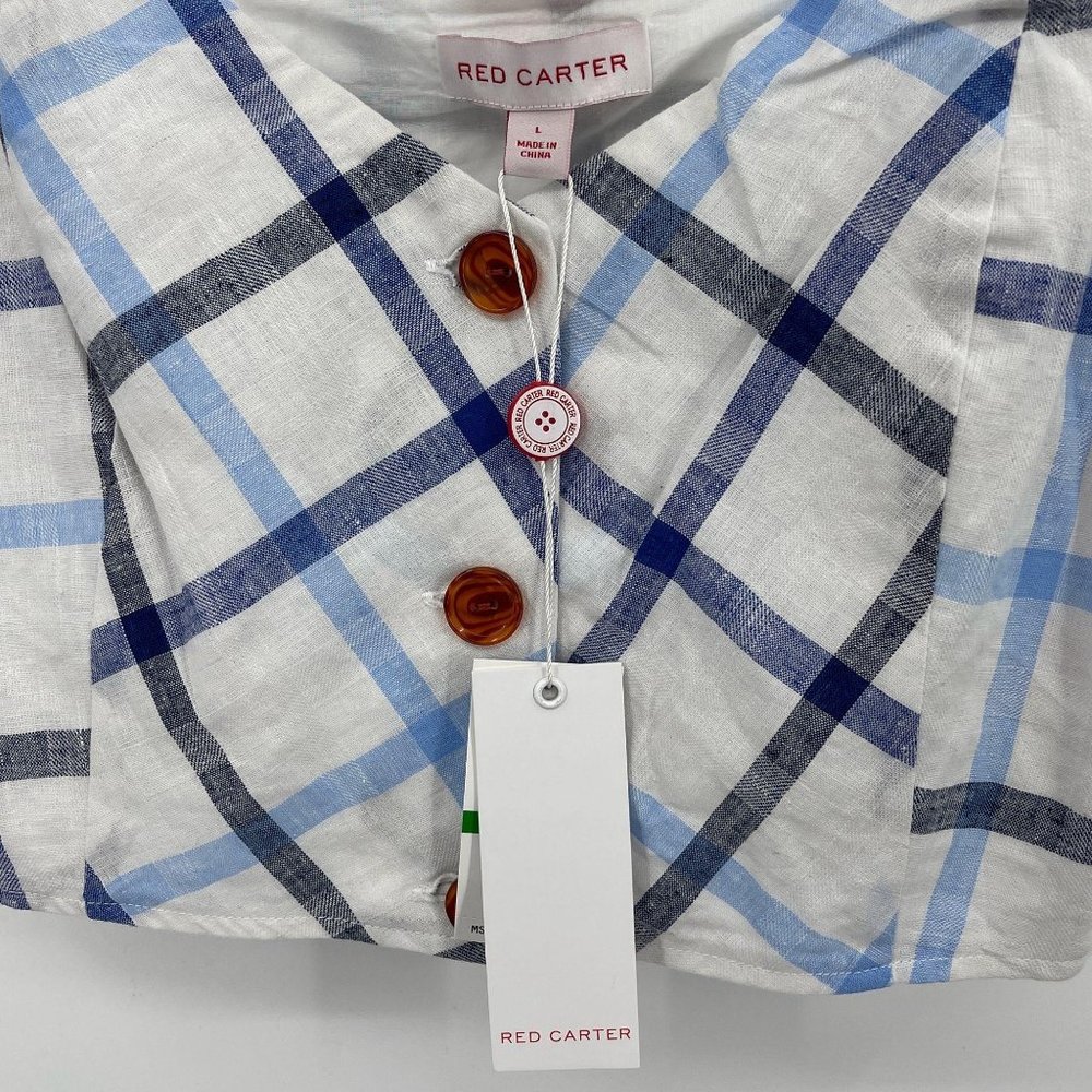 Red Carter Blue Plaid Linen Button Front Crop Top - Picture 6 of 8